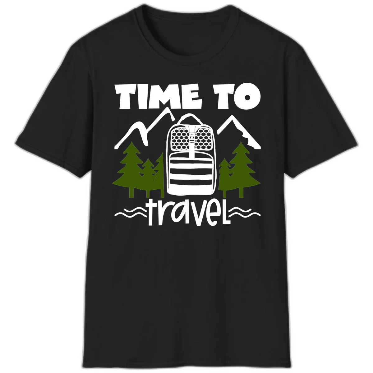 Time to travel backpack design with snow mountains, pine trees, and wavy water lines on gray background in Black