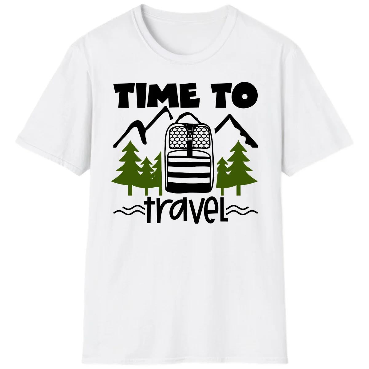 Time to travel backpack design with snow mountains, pine trees, and wavy water lines on gray background in White