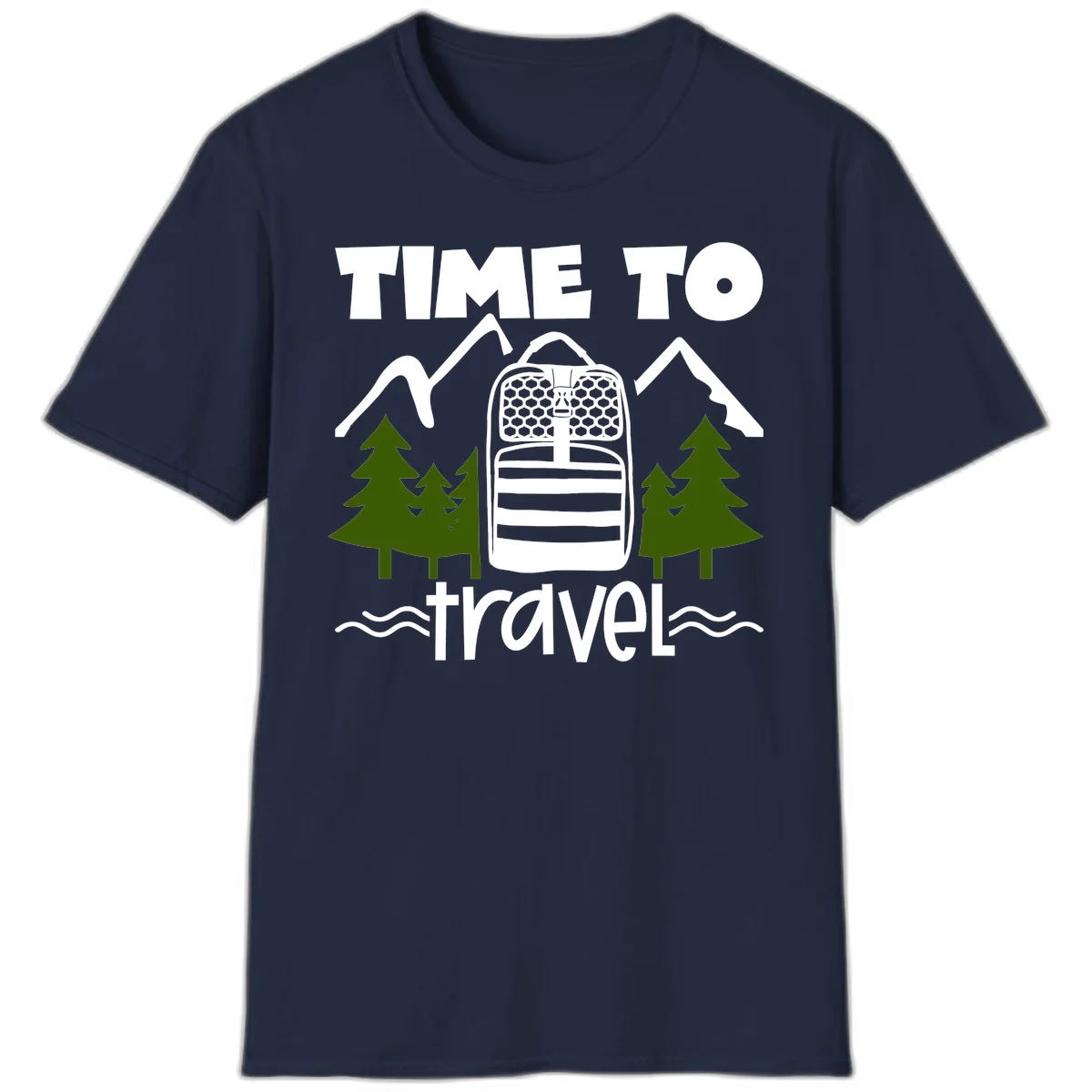 Time to travel backpack design with snow mountains, pine trees, and wavy water lines on gray background in Navy