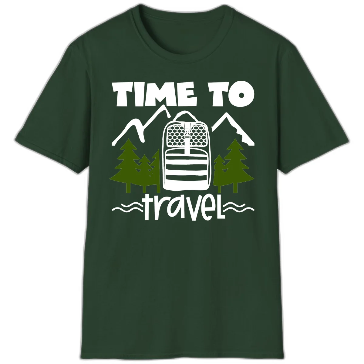 Time to travel backpack design with snow mountains, pine trees, and wavy water lines on gray background in Forest Green
