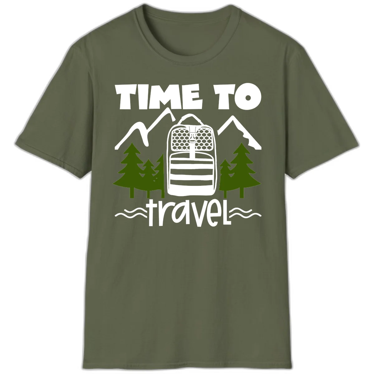 Time to travel backpack design with snow mountains, pine trees, and wavy water lines on gray background in Military Green