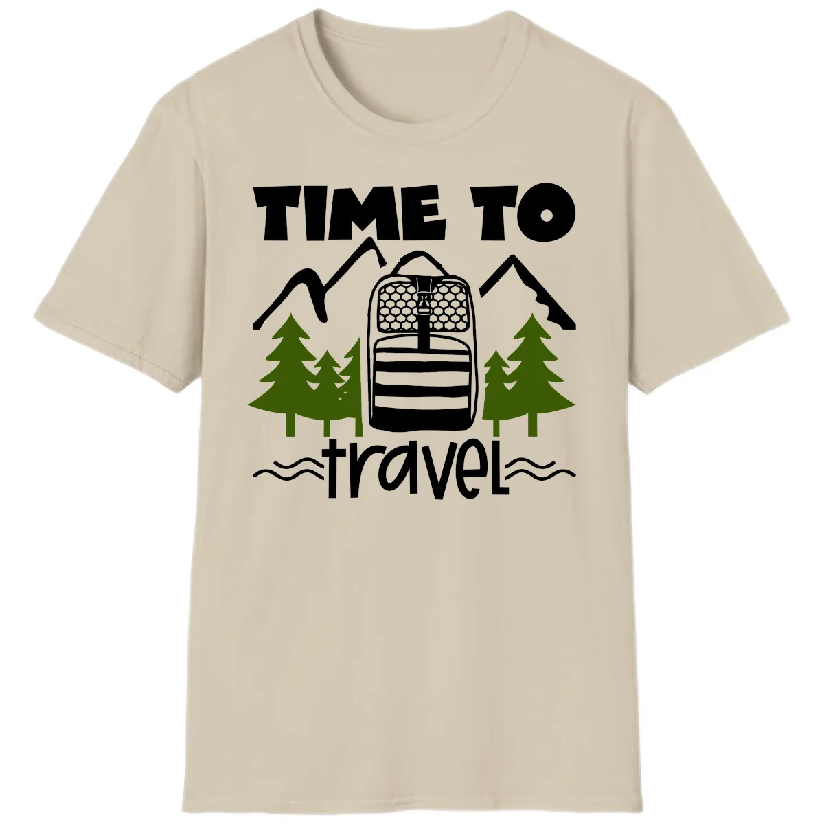 Time to travel backpack design with snow mountains, pine trees, and wavy water lines on gray background in Sand