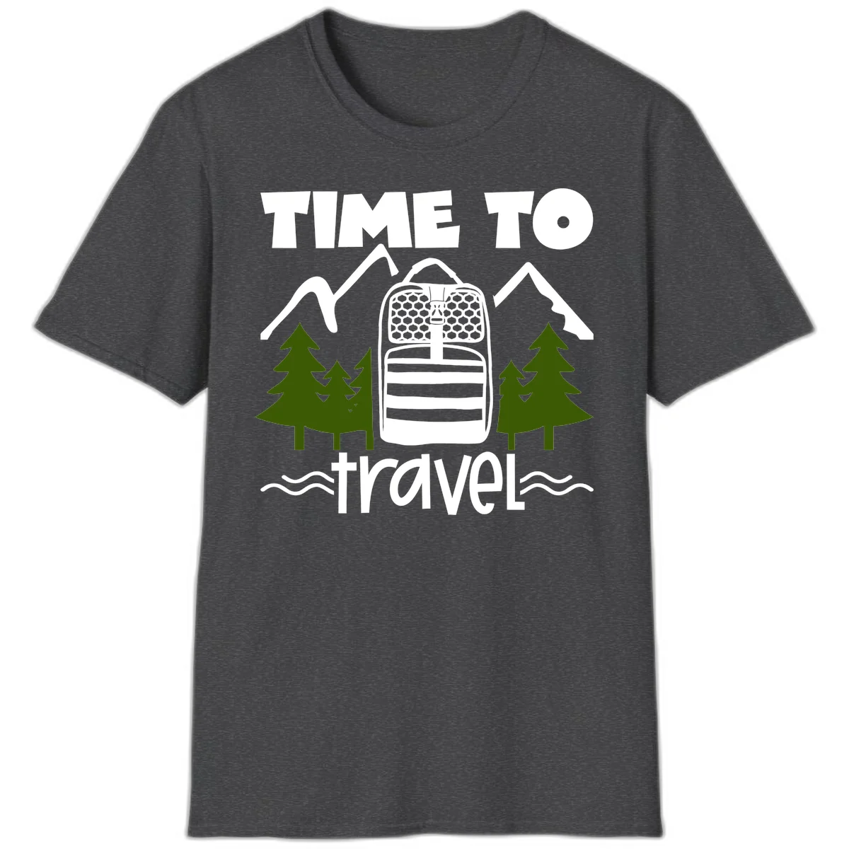 Time to travel backpack design with snow mountains, pine trees, and wavy water lines on gray background in Dark Heather