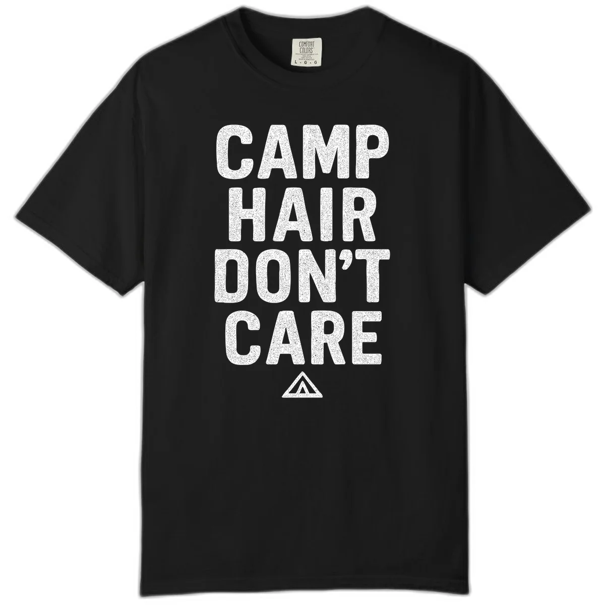 White speckled text reading 'Camp Hair Don't Care' with triangle symbol on gray background in Black