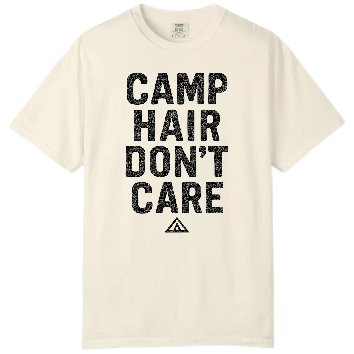White speckled text reading 'Camp Hair Don't Care' with triangle symbol on gray background in Ivory