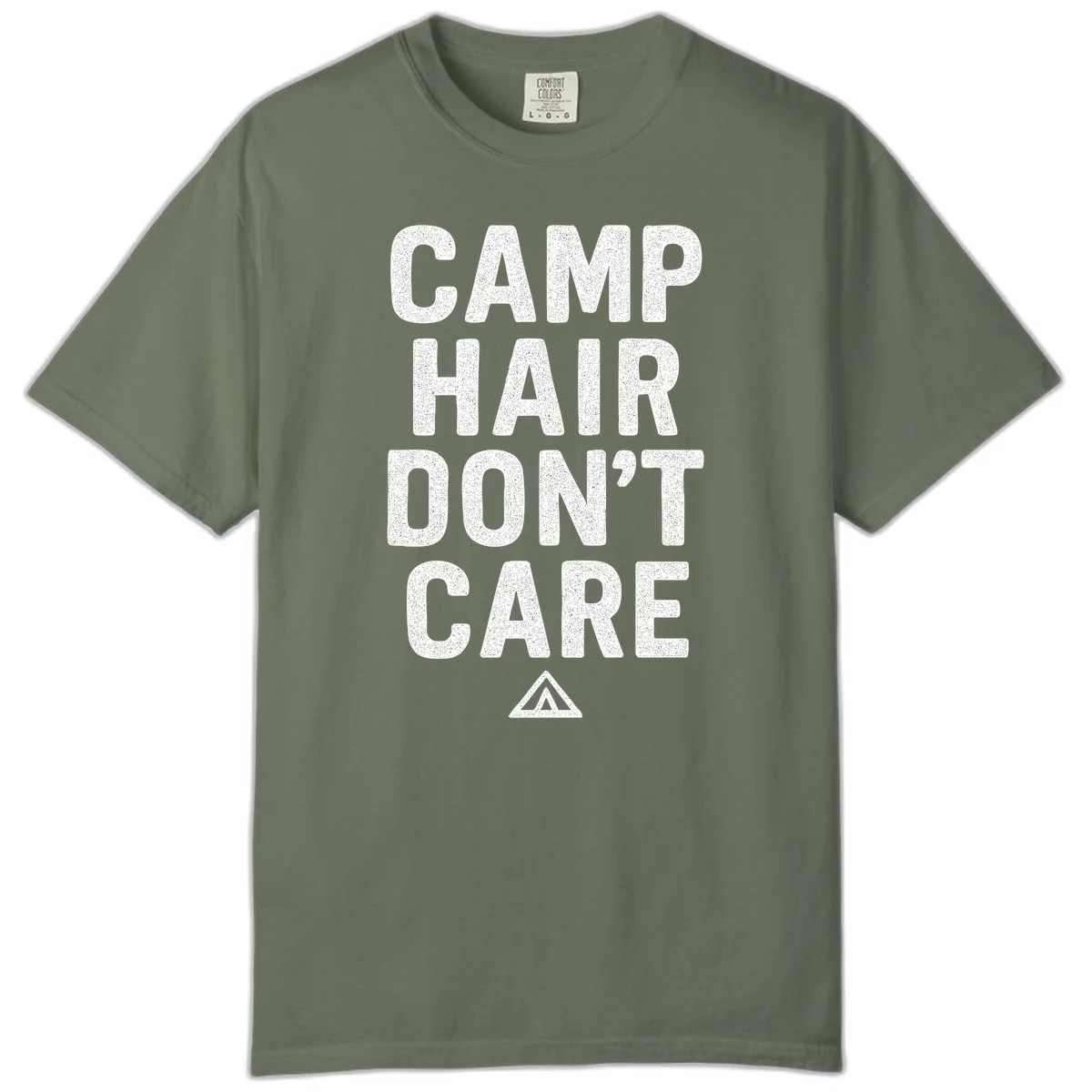 White speckled text reading 'Camp Hair Don't Care' with triangle symbol on gray background in Moss