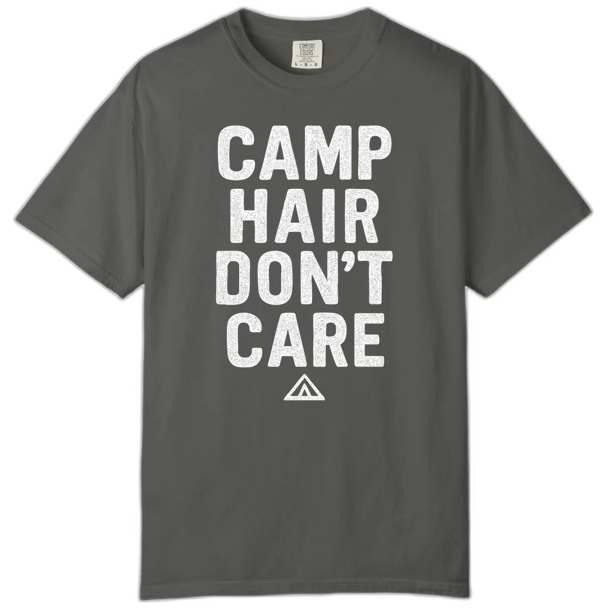White speckled text reading 'Camp Hair Don't Care' with triangle symbol on gray background in Pepper