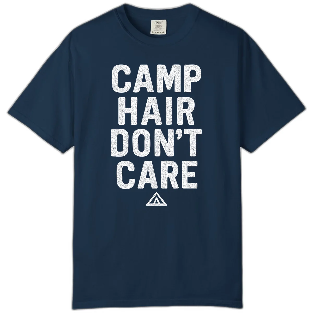 White speckled text reading 'Camp Hair Don't Care' with triangle symbol on gray background in True Navy