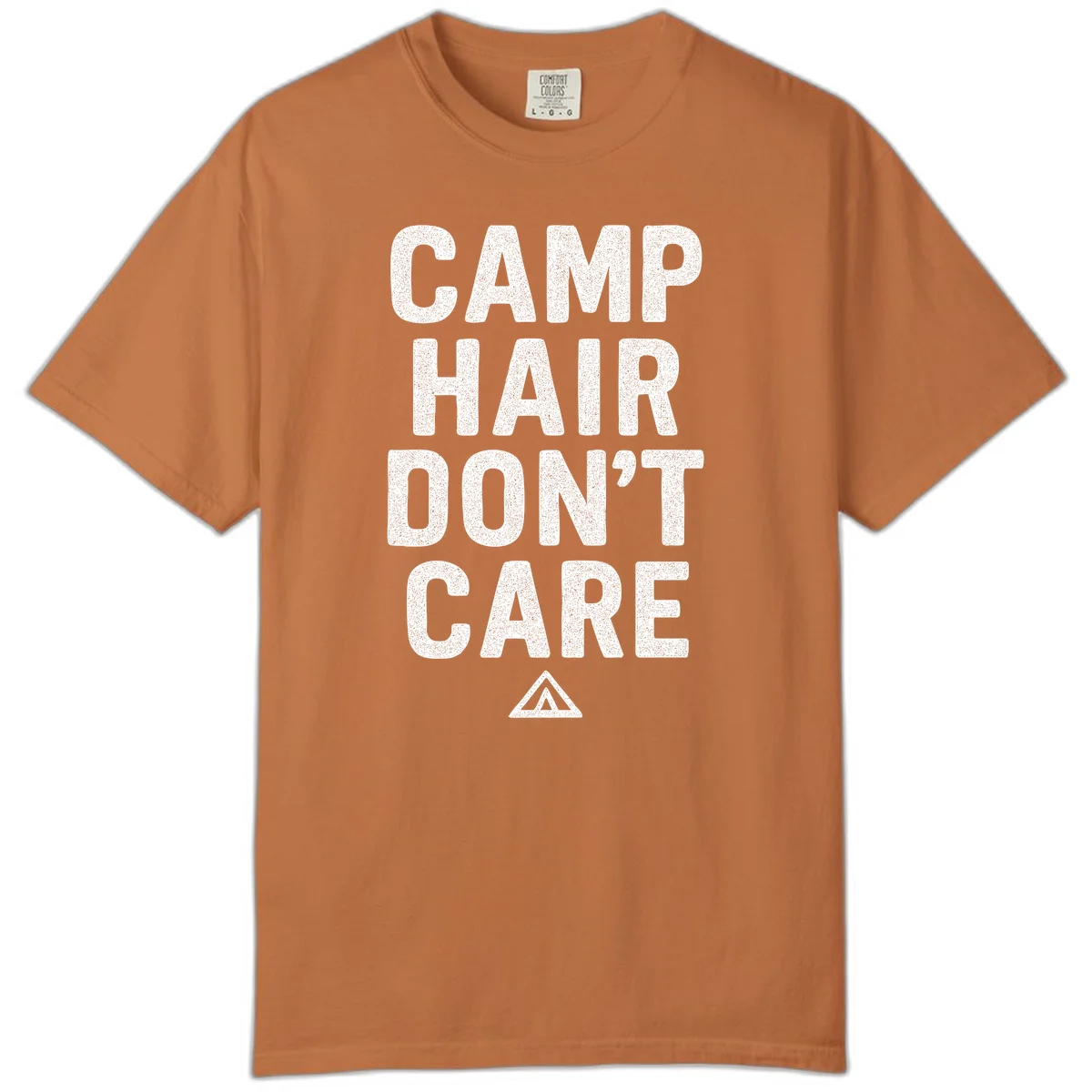White speckled text reading 'Camp Hair Don't Care' with triangle symbol on gray background in Yam