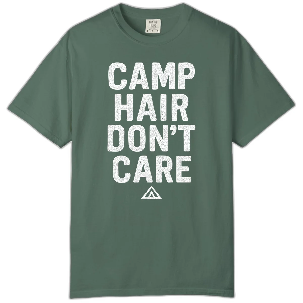 White speckled text reading 'Camp Hair Don't Care' with triangle symbol on gray background in Blue Spruce