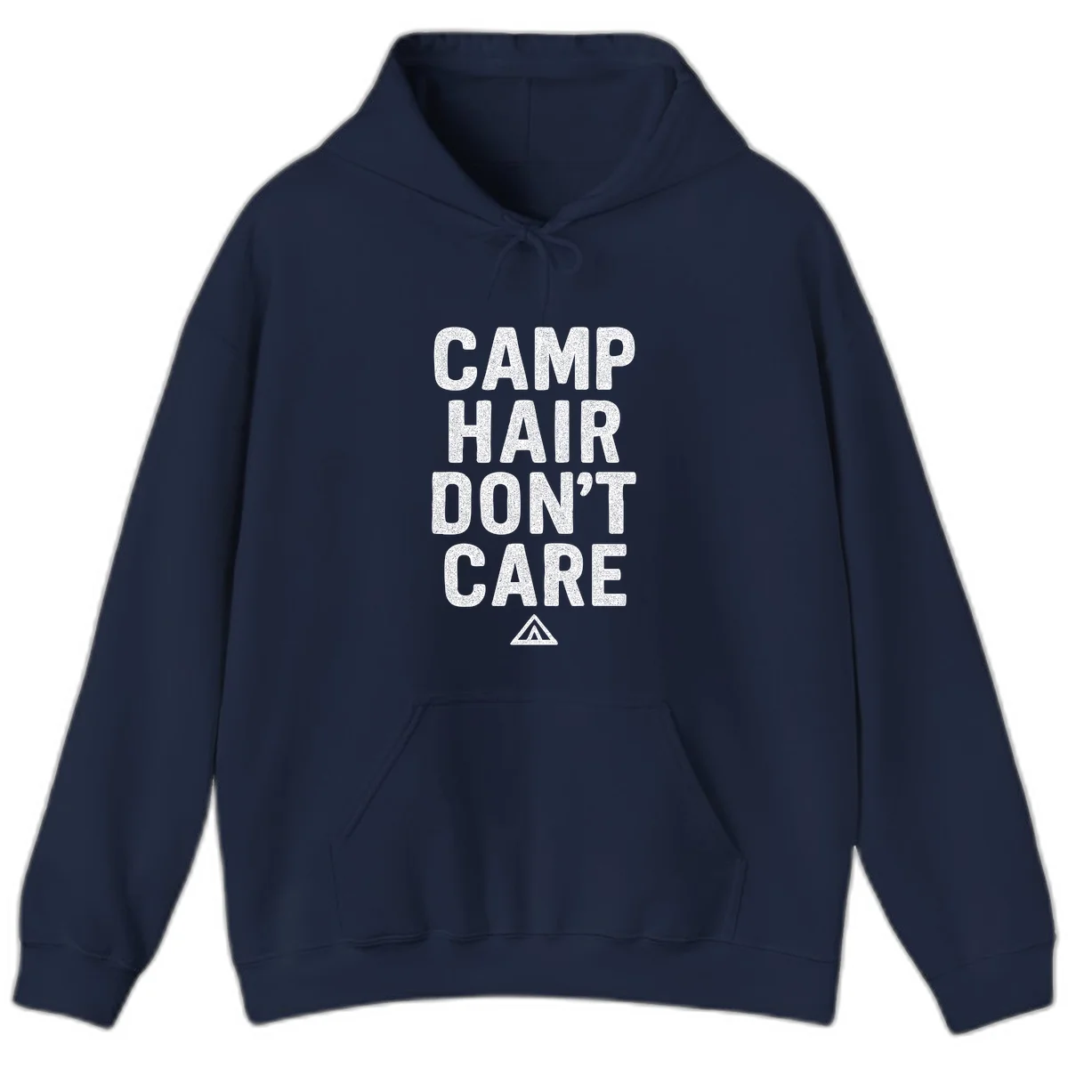 White speckled text reading 'Camp Hair Don't Care' with triangle symbol on gray background in Navy
