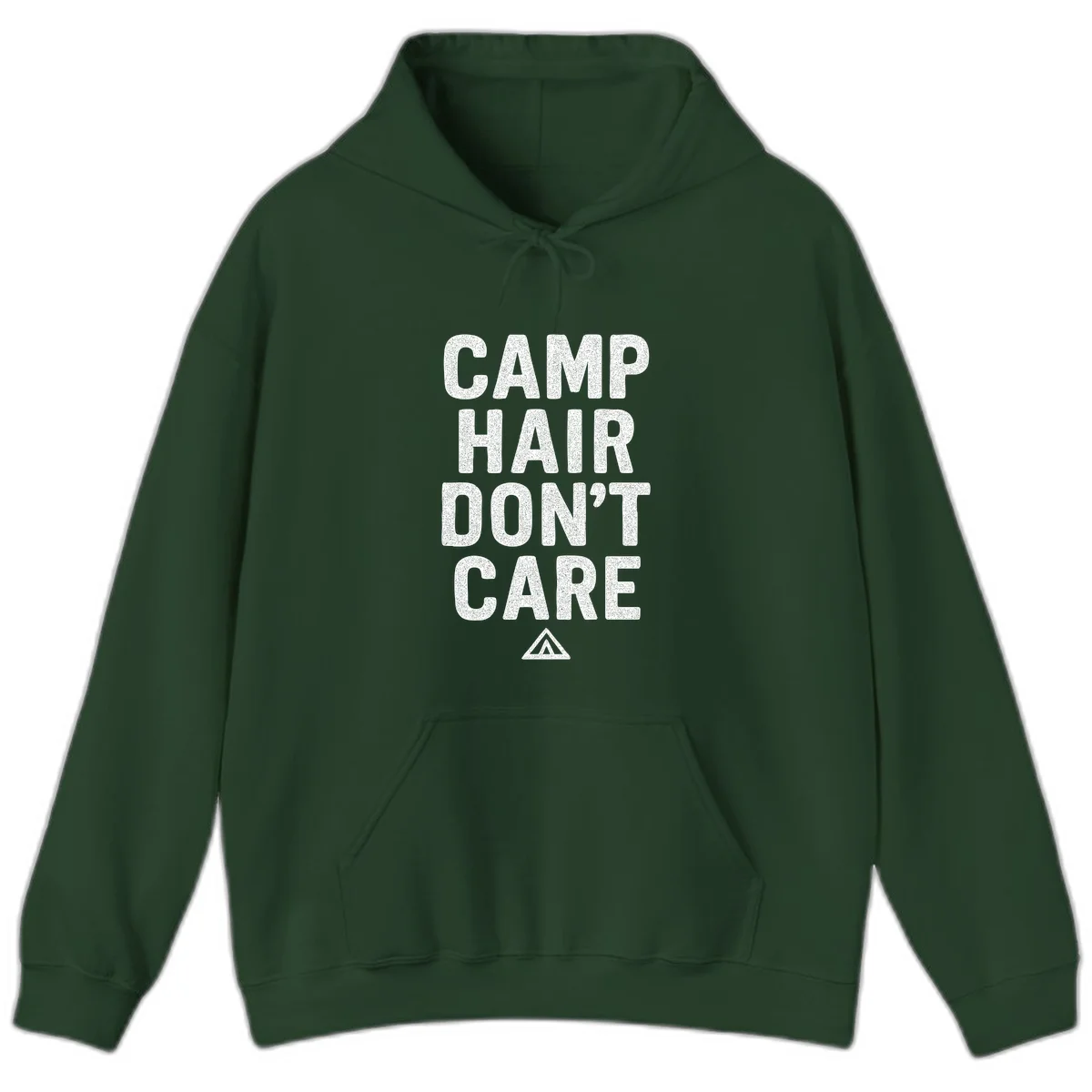 White speckled text reading 'Camp Hair Don't Care' with triangle symbol on gray background in Forest Green