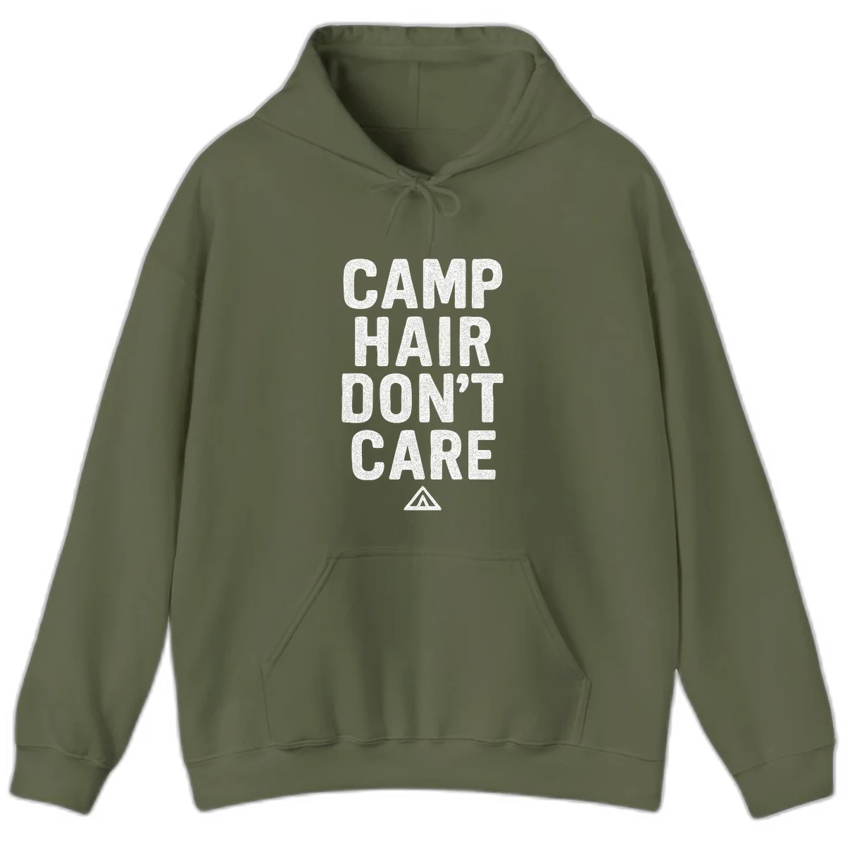 White speckled text reading 'Camp Hair Don't Care' with triangle symbol on gray background in Military Green