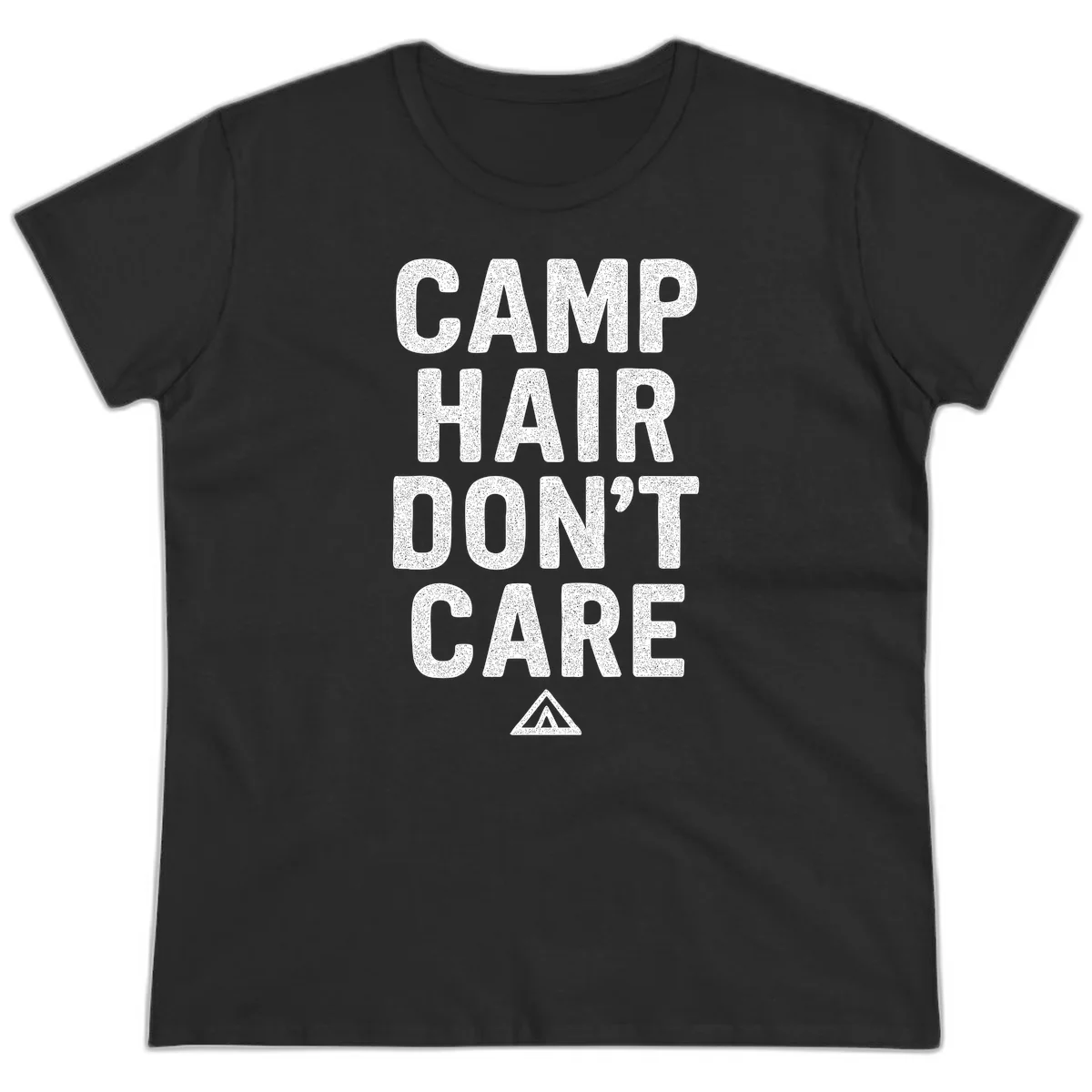 White speckled text reading 'Camp Hair Don't Care' with triangle symbol on gray background in Black
