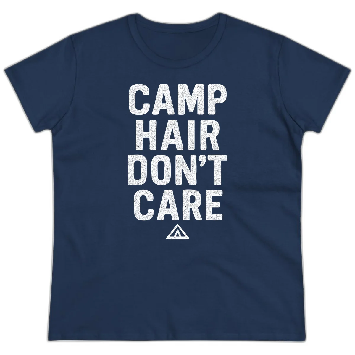 White speckled text reading 'Camp Hair Don't Care' with triangle symbol on gray background in Navy
