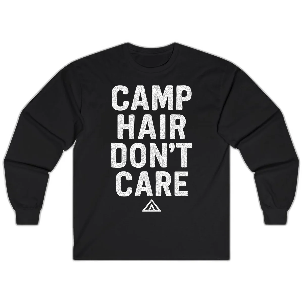 White speckled text reading 'Camp Hair Don't Care' with triangle symbol on gray background in Black