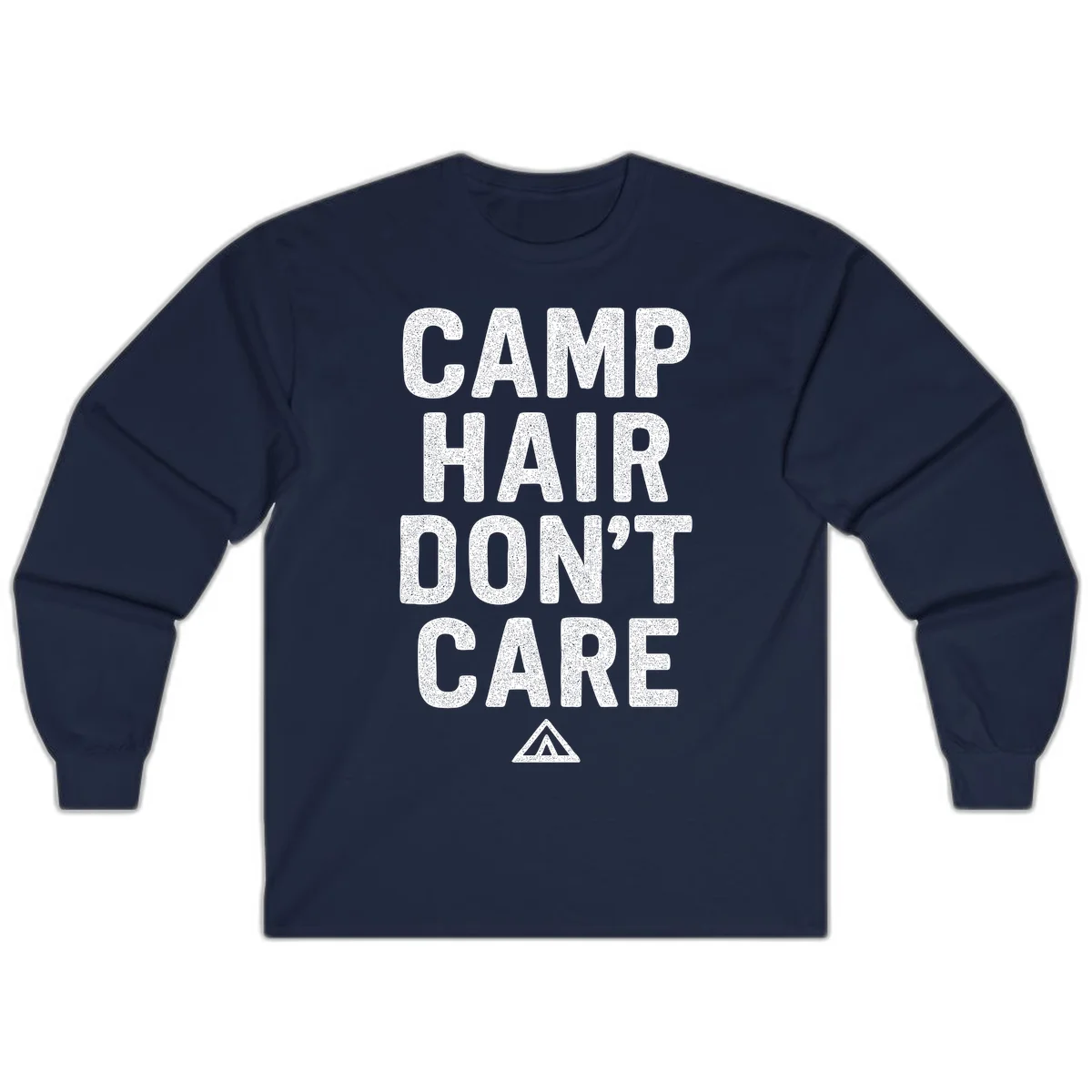White speckled text reading 'Camp Hair Don't Care' with triangle symbol on gray background in Navy