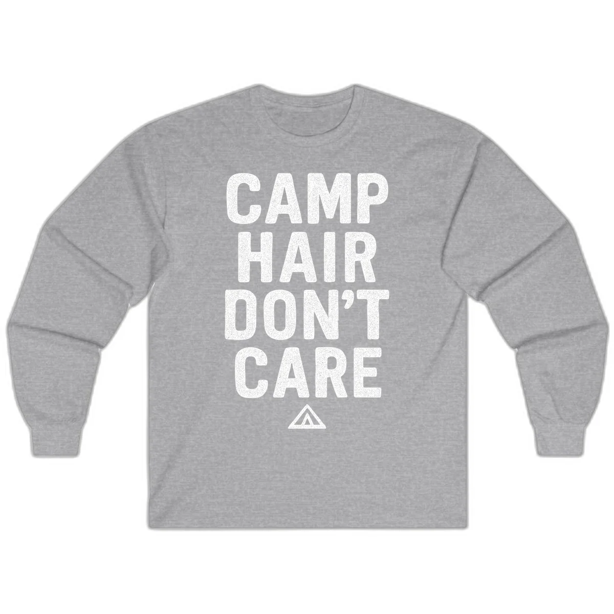 White speckled text reading 'Camp Hair Don't Care' with triangle symbol on gray background in Sport Grey