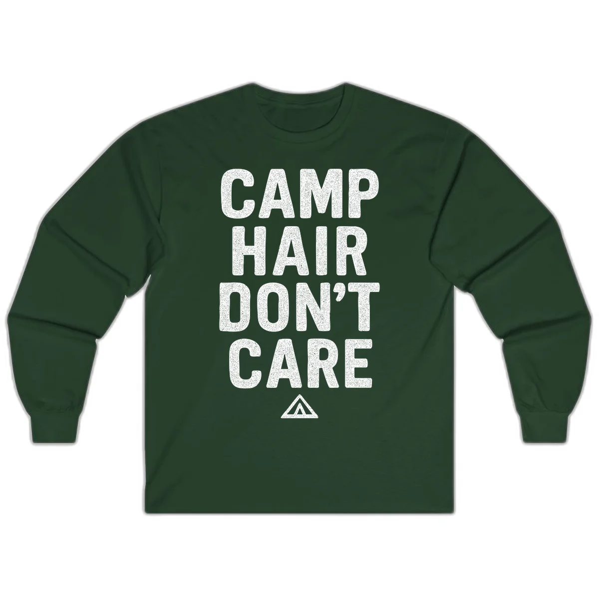 White speckled text reading 'Camp Hair Don't Care' with triangle symbol on gray background in Forest Green