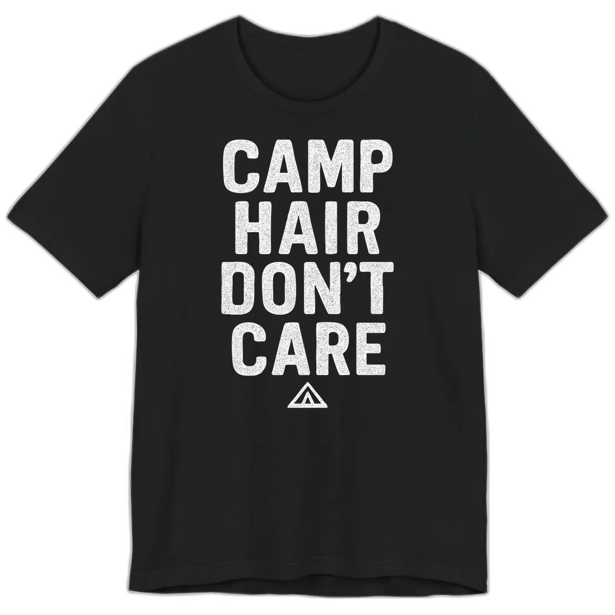 White speckled text reading 'Camp Hair Don't Care' with triangle symbol on gray background in Black