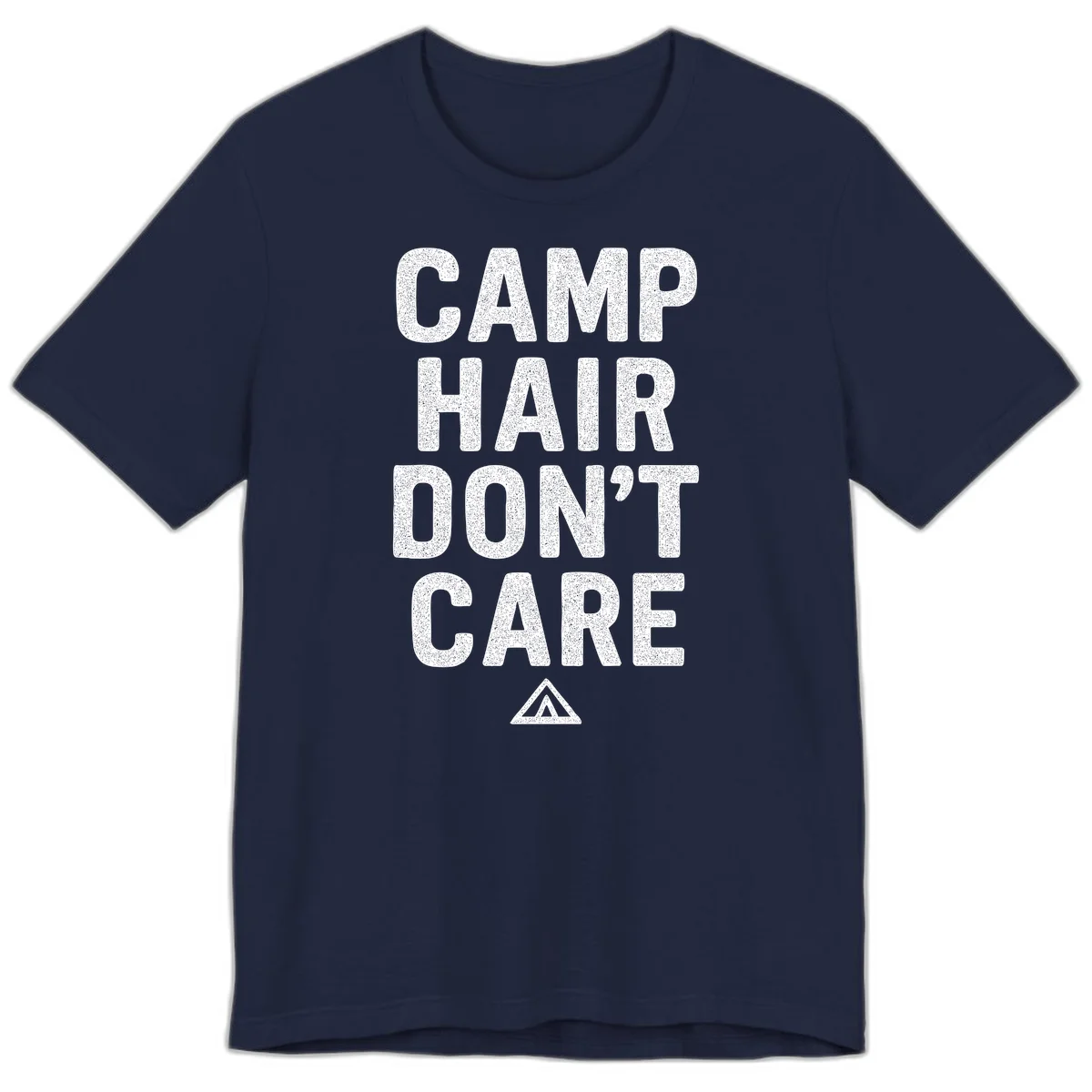 White speckled text reading 'Camp Hair Don't Care' with triangle symbol on gray background in Navy