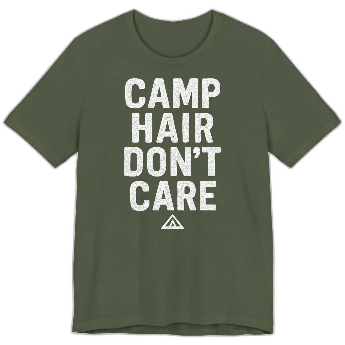 White speckled text reading 'Camp Hair Don't Care' with triangle symbol on gray background in Military Green