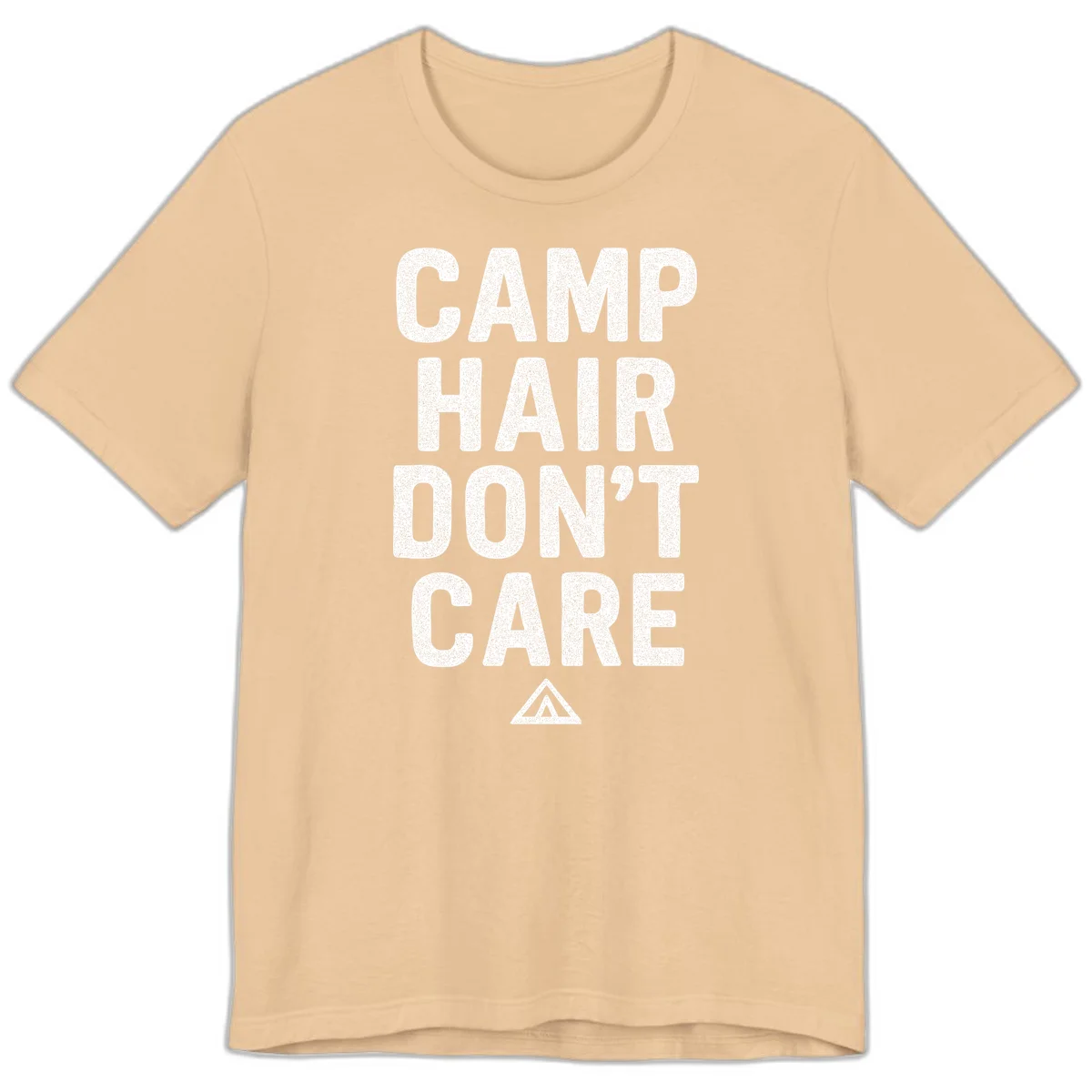 White speckled text reading 'Camp Hair Don't Care' with triangle symbol on gray background in Sand Dune