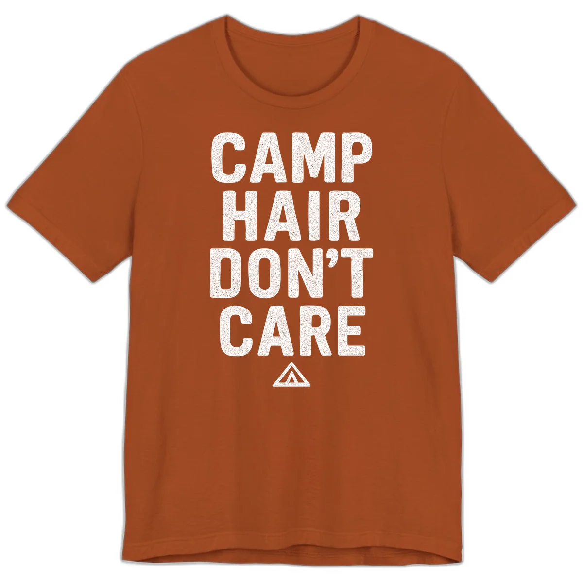 White speckled text reading 'Camp Hair Don't Care' with triangle symbol on gray background in Autumn