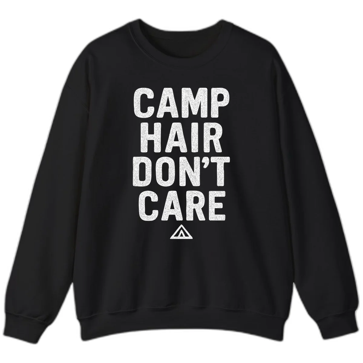 White speckled text reading 'Camp Hair Don't Care' with triangle symbol on gray background in Black