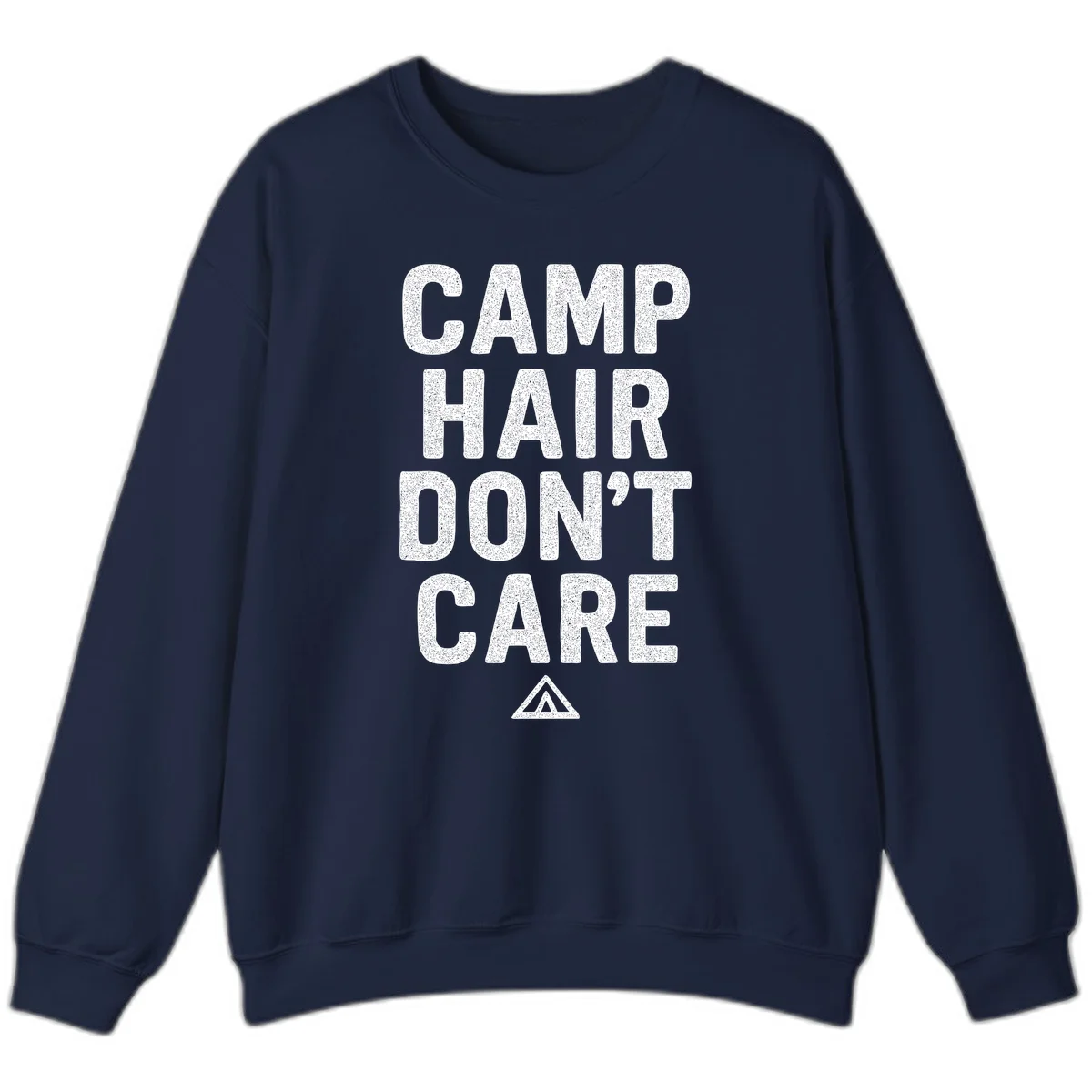 White speckled text reading 'Camp Hair Don't Care' with triangle symbol on gray background in Navy