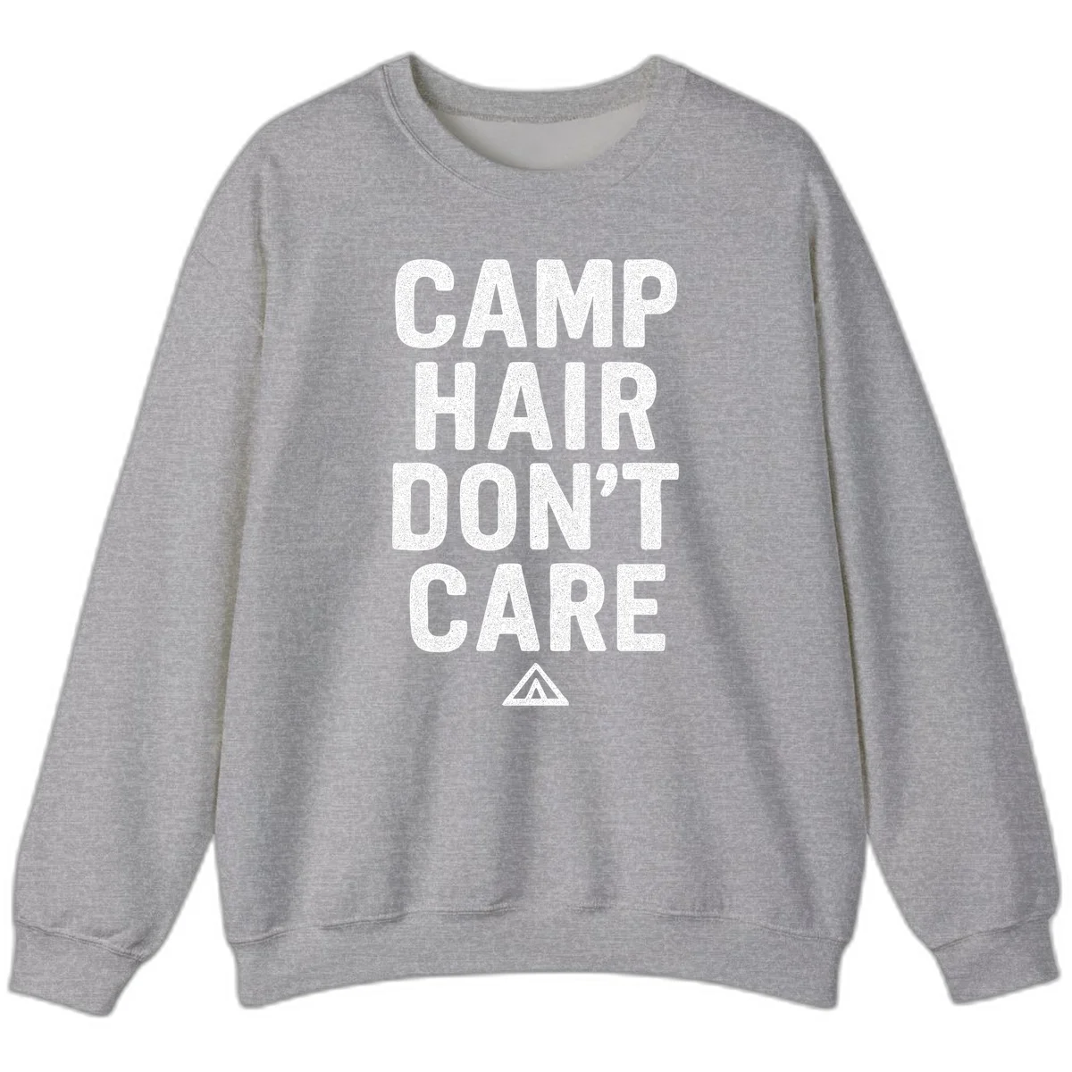 White speckled text reading 'Camp Hair Don't Care' with triangle symbol on gray background in Sport Grey