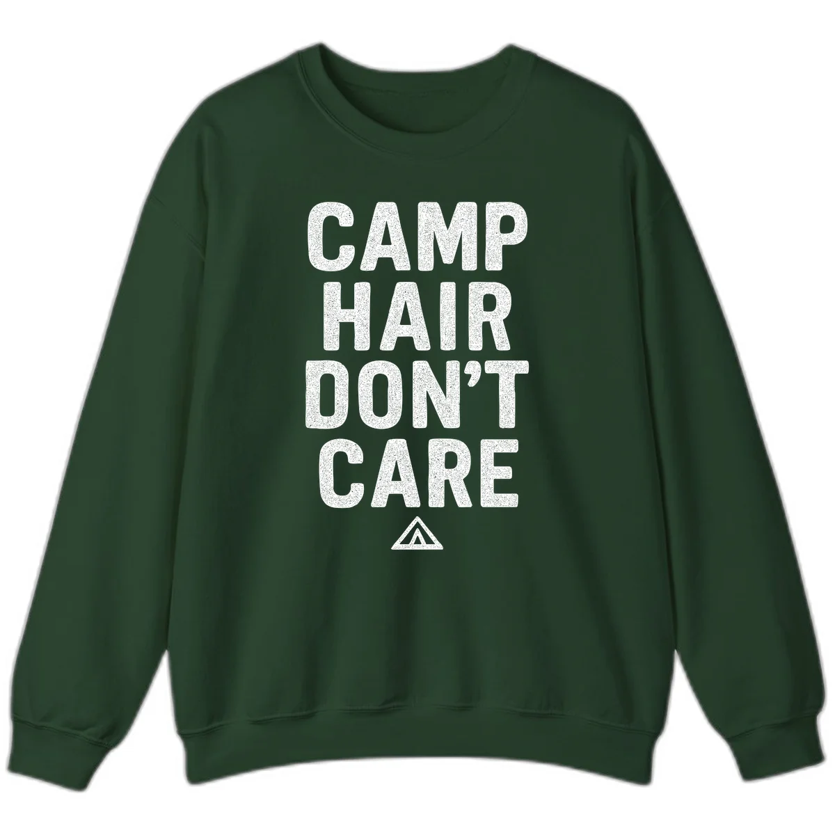 White speckled text reading 'Camp Hair Don't Care' with triangle symbol on gray background in Forest Green