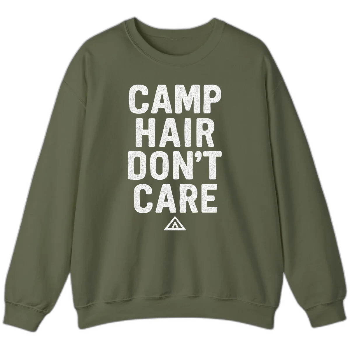 White speckled text reading 'Camp Hair Don't Care' with triangle symbol on gray background in Military Green