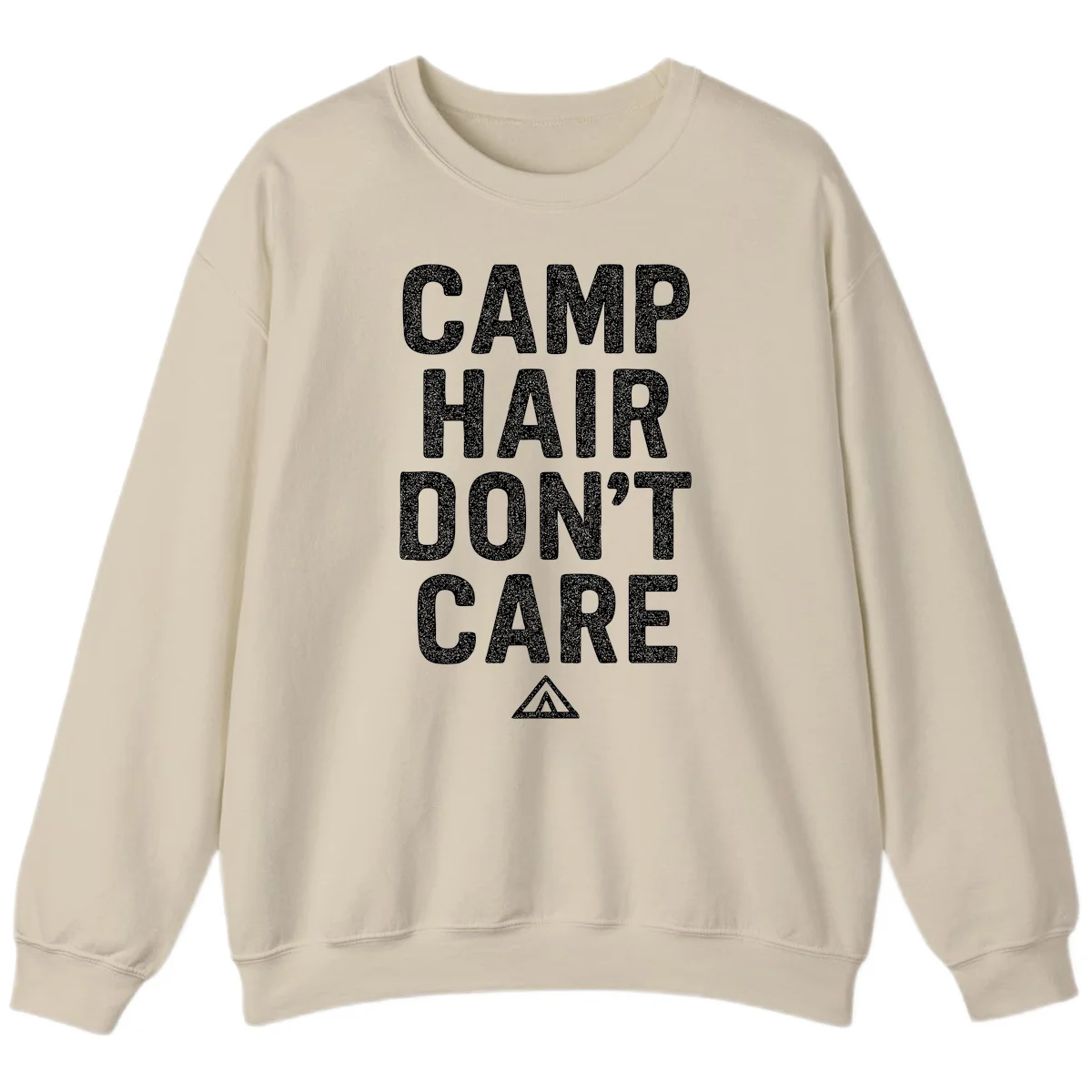 White speckled text reading 'Camp Hair Don't Care' with triangle symbol on gray background in Sand