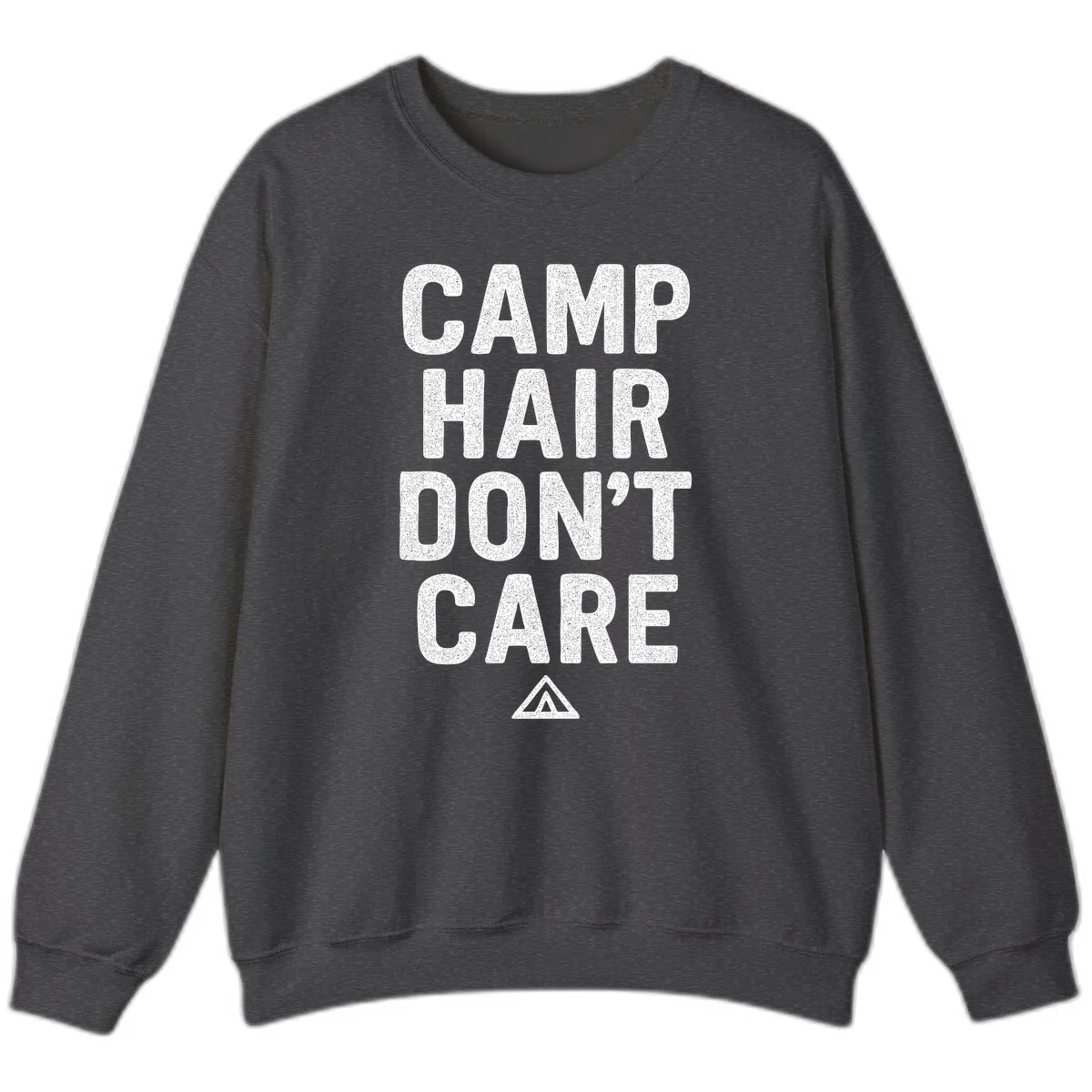 White speckled text reading 'Camp Hair Don't Care' with triangle symbol on gray background in Dark Heather