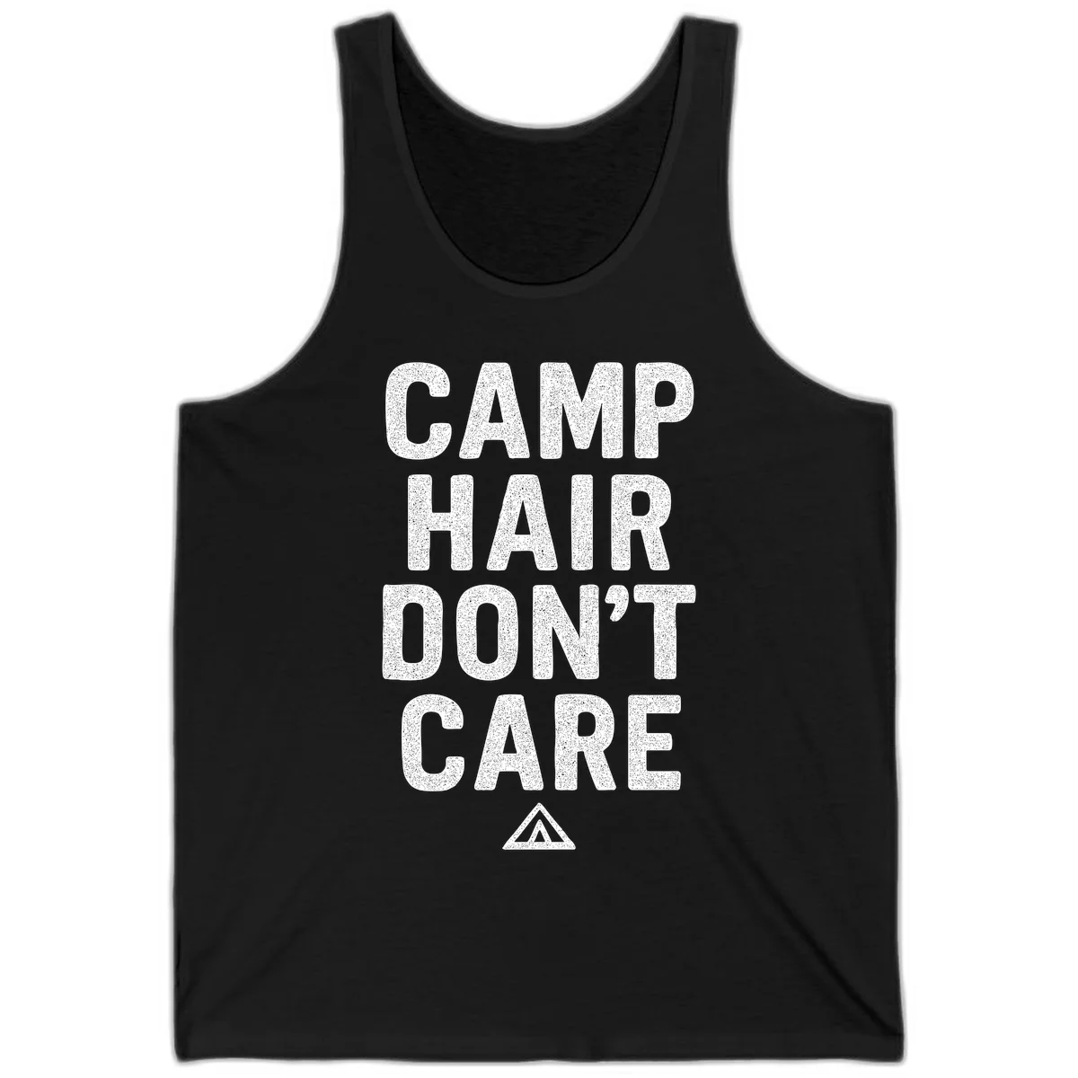 White speckled text reading 'Camp Hair Don't Care' with triangle symbol on gray background in Black