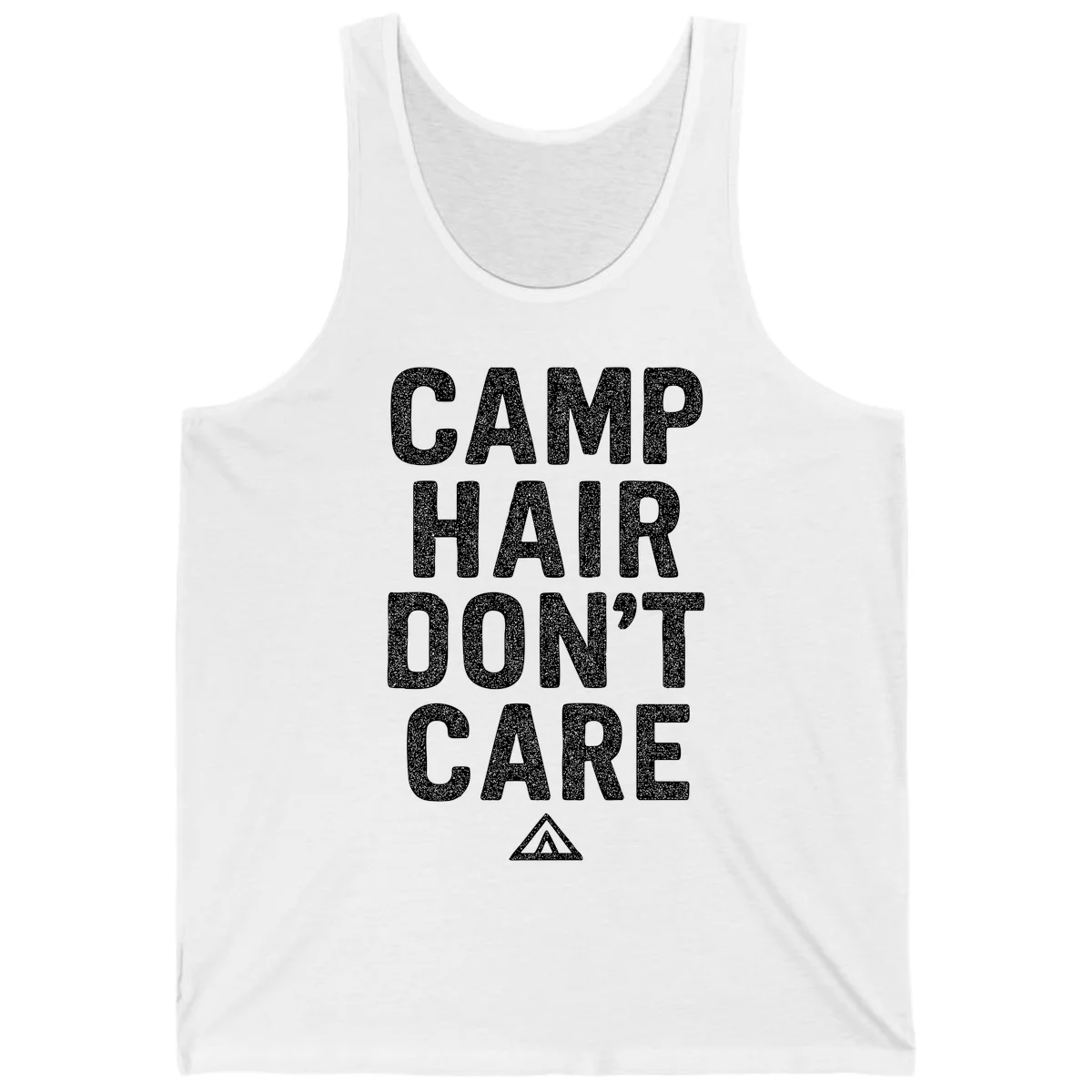White speckled text reading 'Camp Hair Don't Care' with triangle symbol on gray background in White