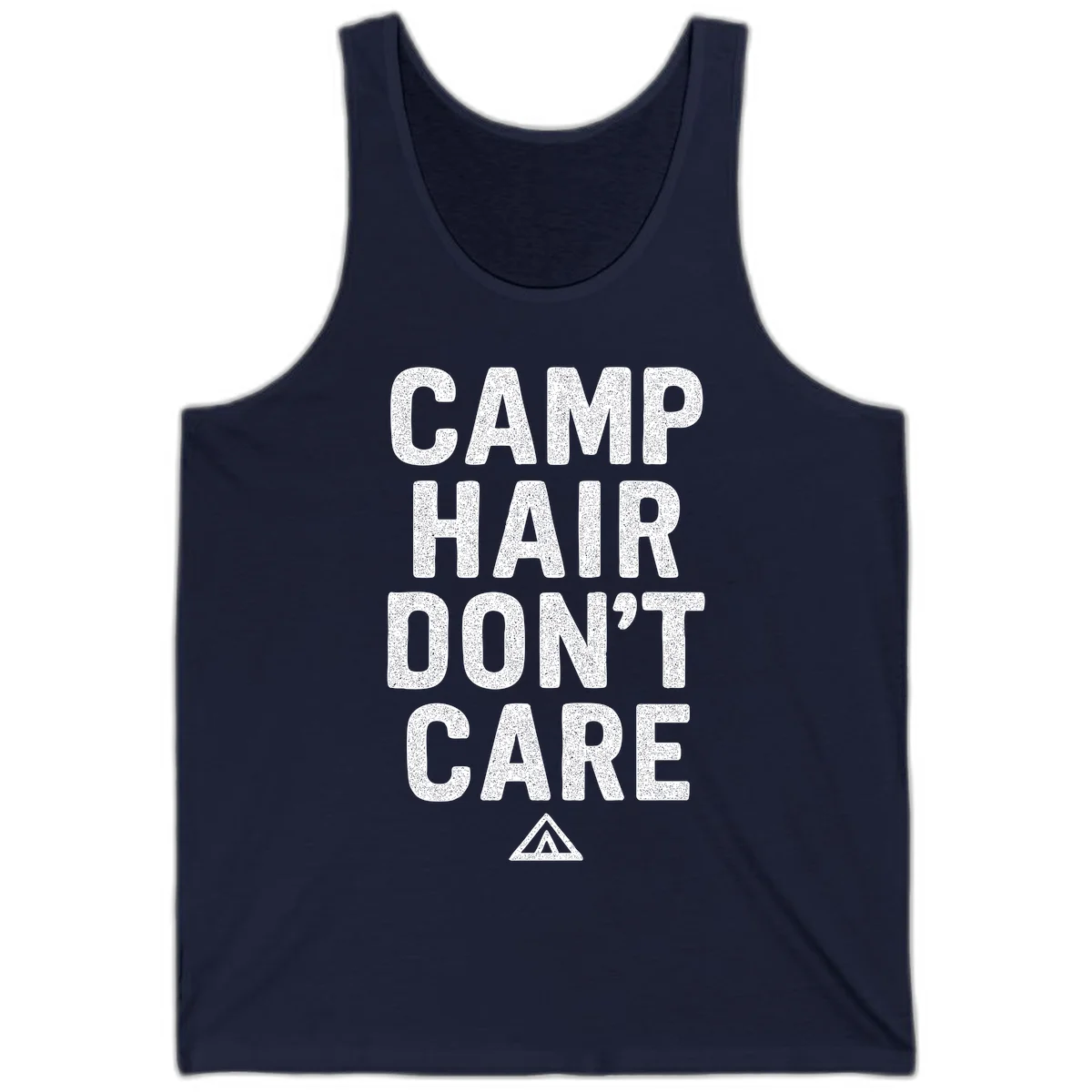 White speckled text reading 'Camp Hair Don't Care' with triangle symbol on gray background in Navy