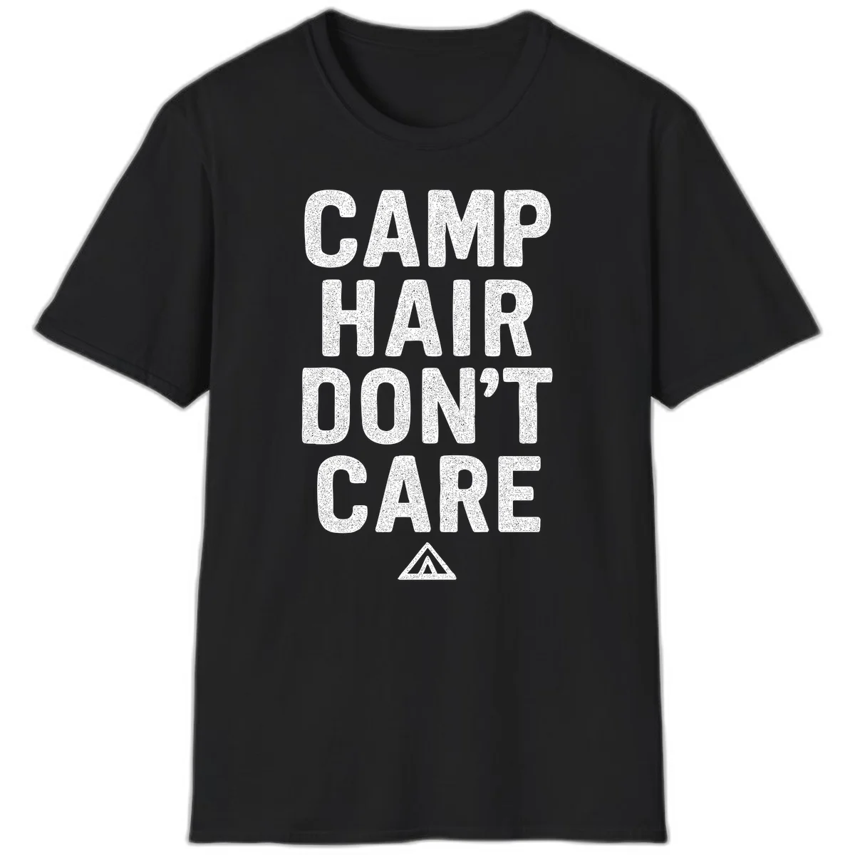 White speckled text reading 'Camp Hair Don't Care' with triangle symbol on gray background in Black