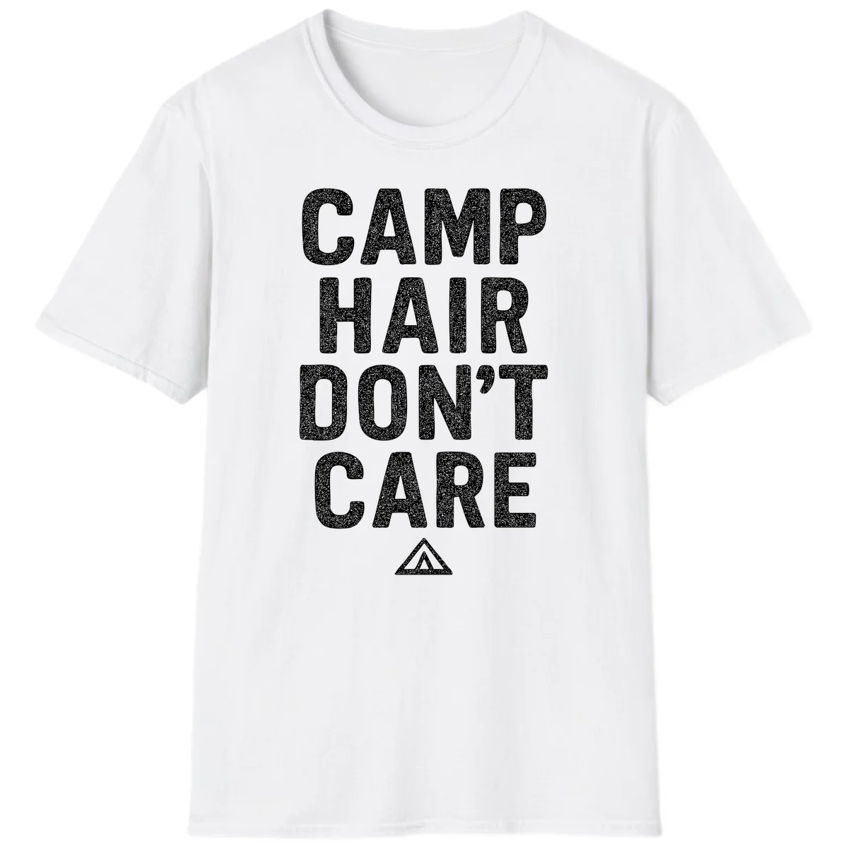 White speckled text reading 'Camp Hair Don't Care' with triangle symbol on gray background in White