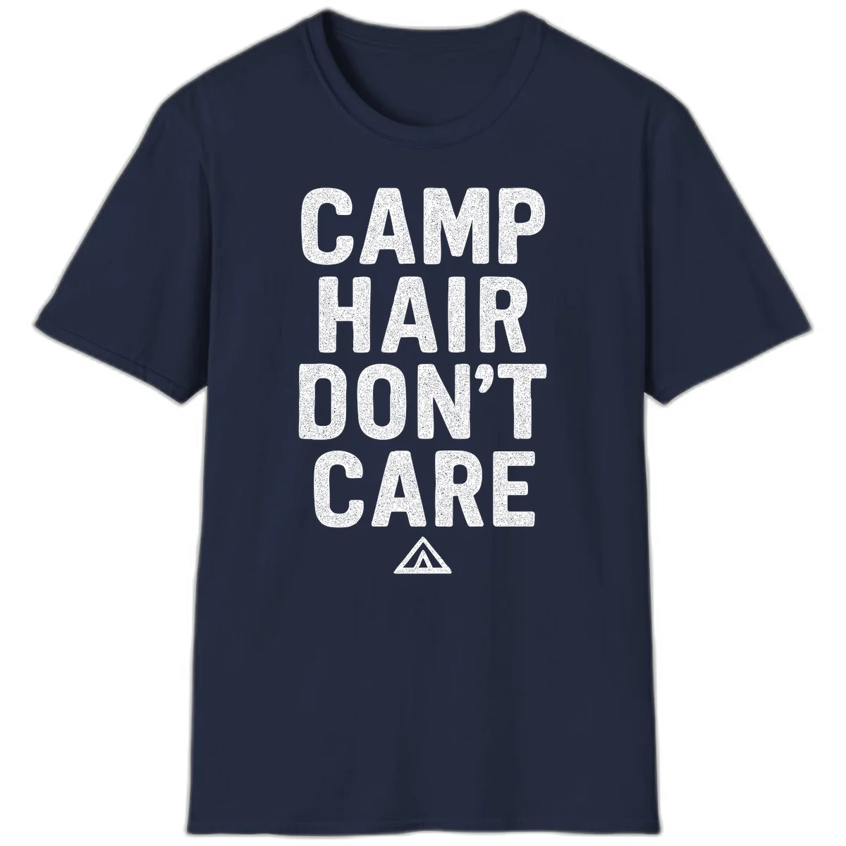 White speckled text reading 'Camp Hair Don't Care' with triangle symbol on gray background in Navy