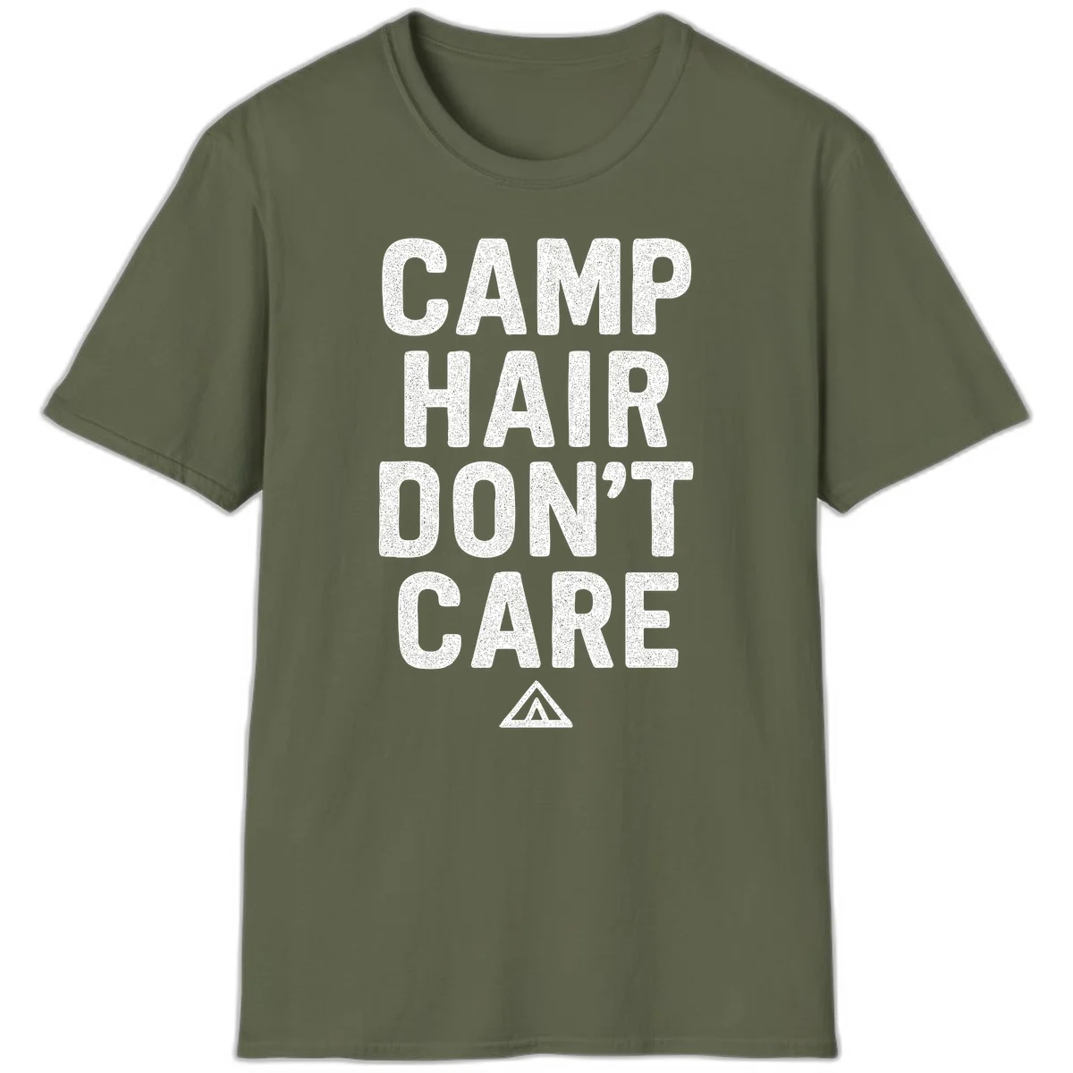 White speckled text reading 'Camp Hair Don't Care' with triangle symbol on gray background in Military Green