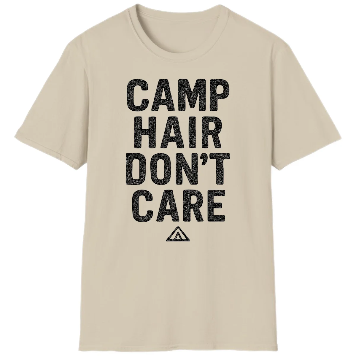 White speckled text reading 'Camp Hair Don't Care' with triangle symbol on gray background in Sand