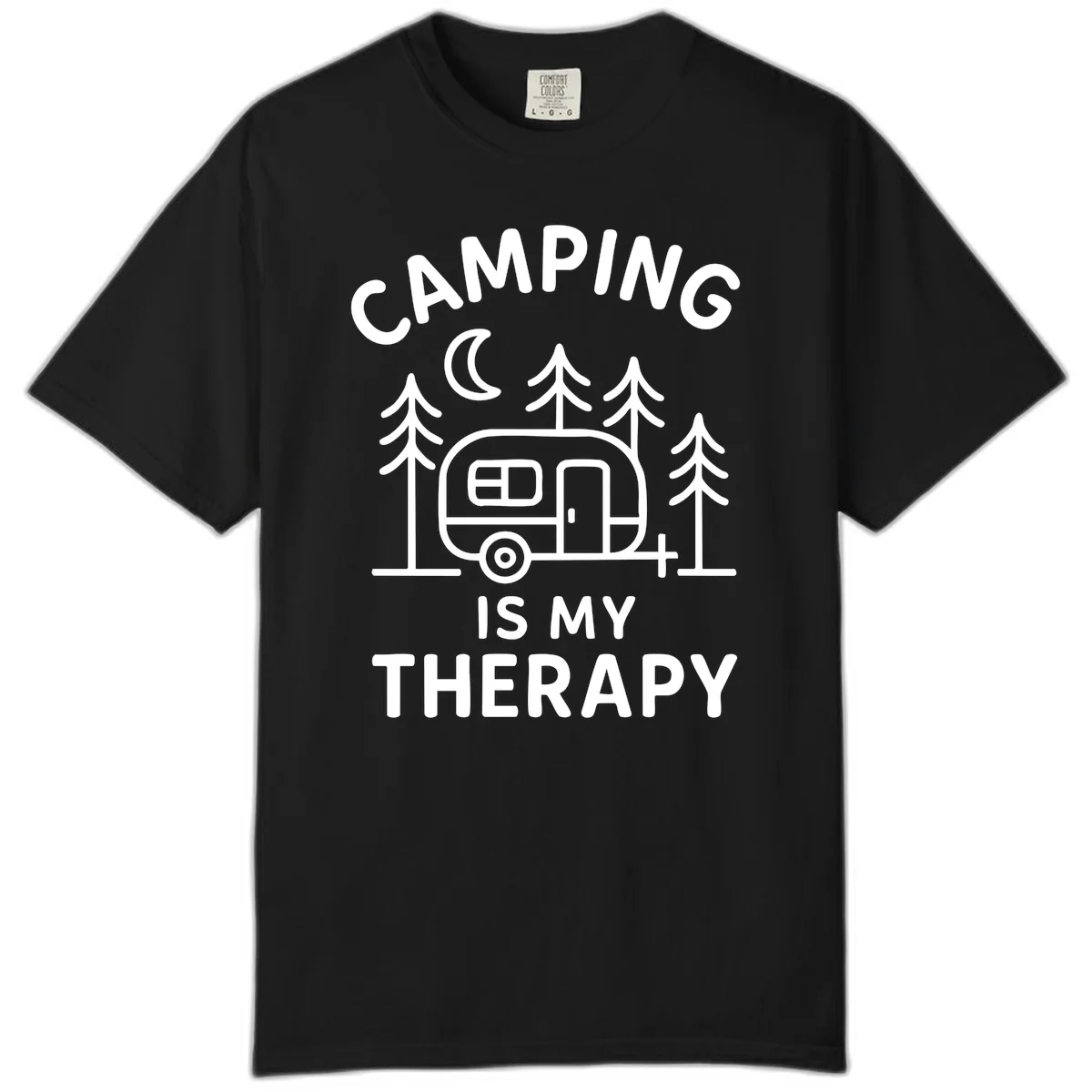 Camping therapy design with travel trailer, pine trees, and moon under text reading 'Camping Is My Therapy' in Black