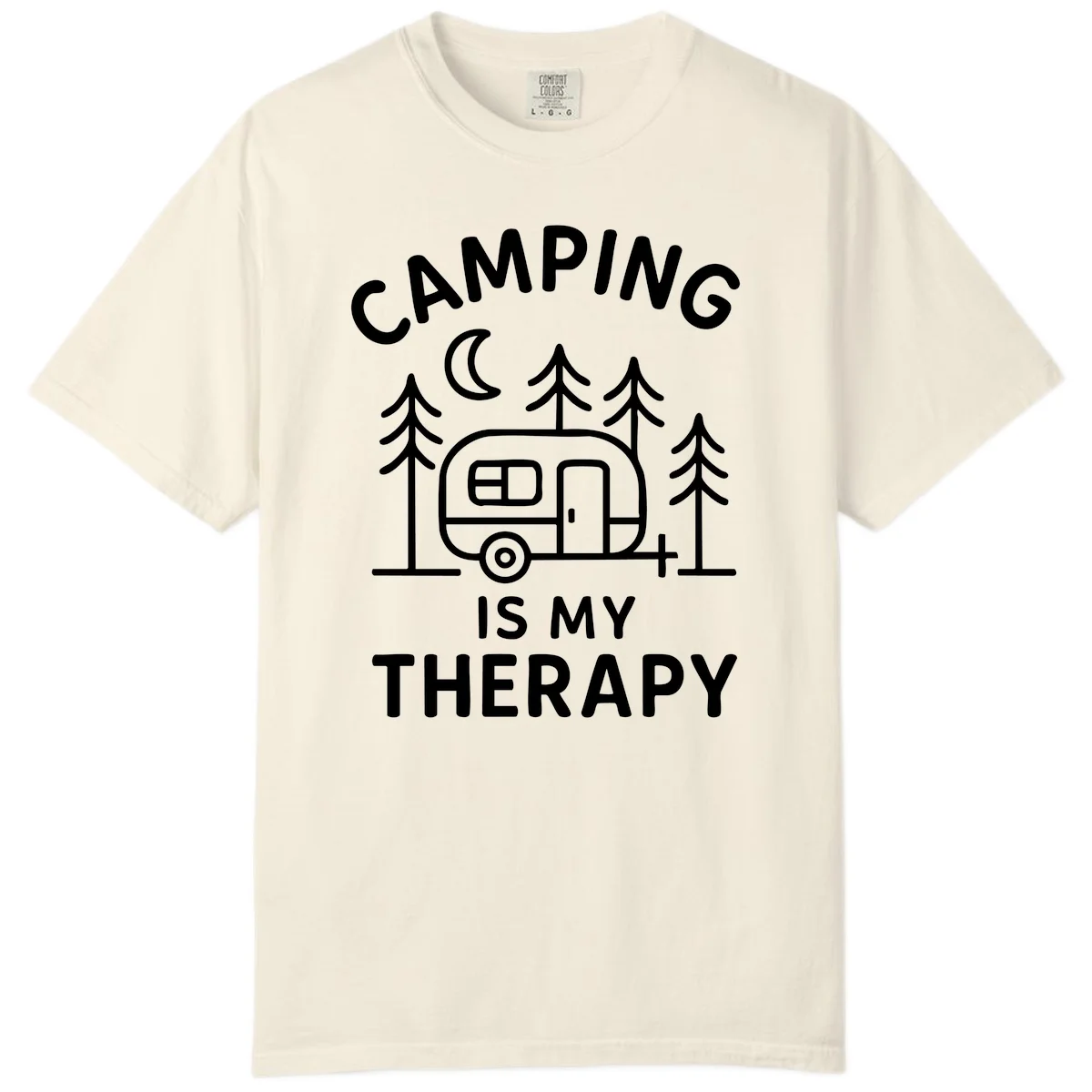 Camping therapy design with travel trailer, pine trees, and moon under text reading 'Camping Is My Therapy' in Ivory