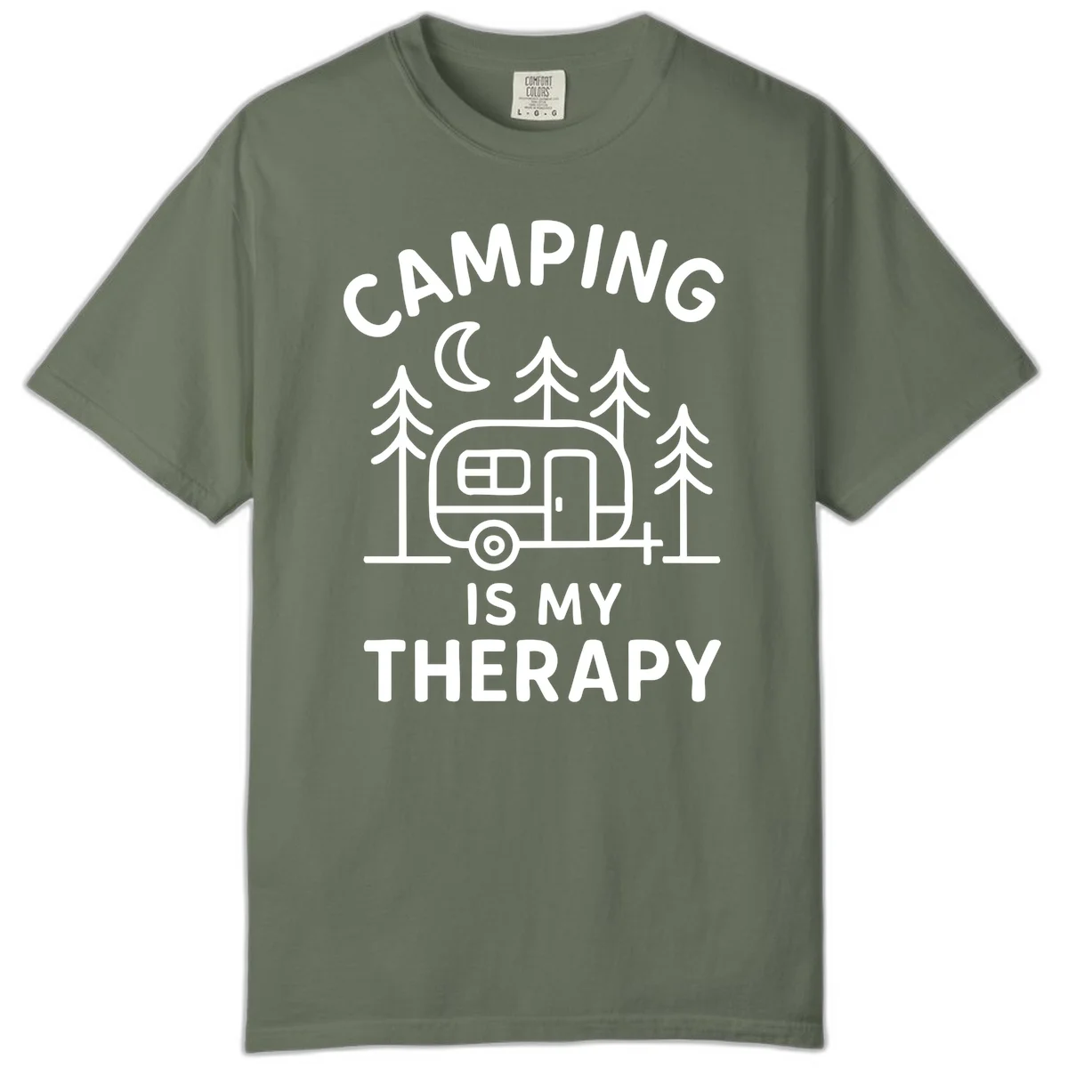 Camping therapy design with travel trailer, pine trees, and moon under text reading 'Camping Is My Therapy' in Moss