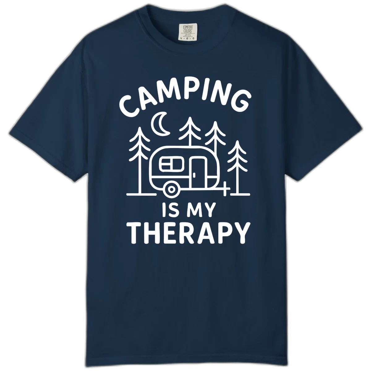 Camping therapy design with travel trailer, pine trees, and moon under text reading 'Camping Is My Therapy' in True Navy