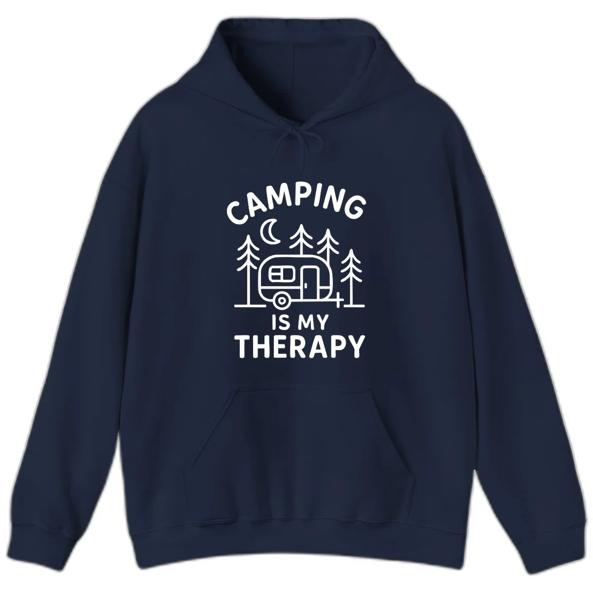 Camping therapy design with travel trailer, pine trees, and moon under text reading 'Camping Is My Therapy' in Navy