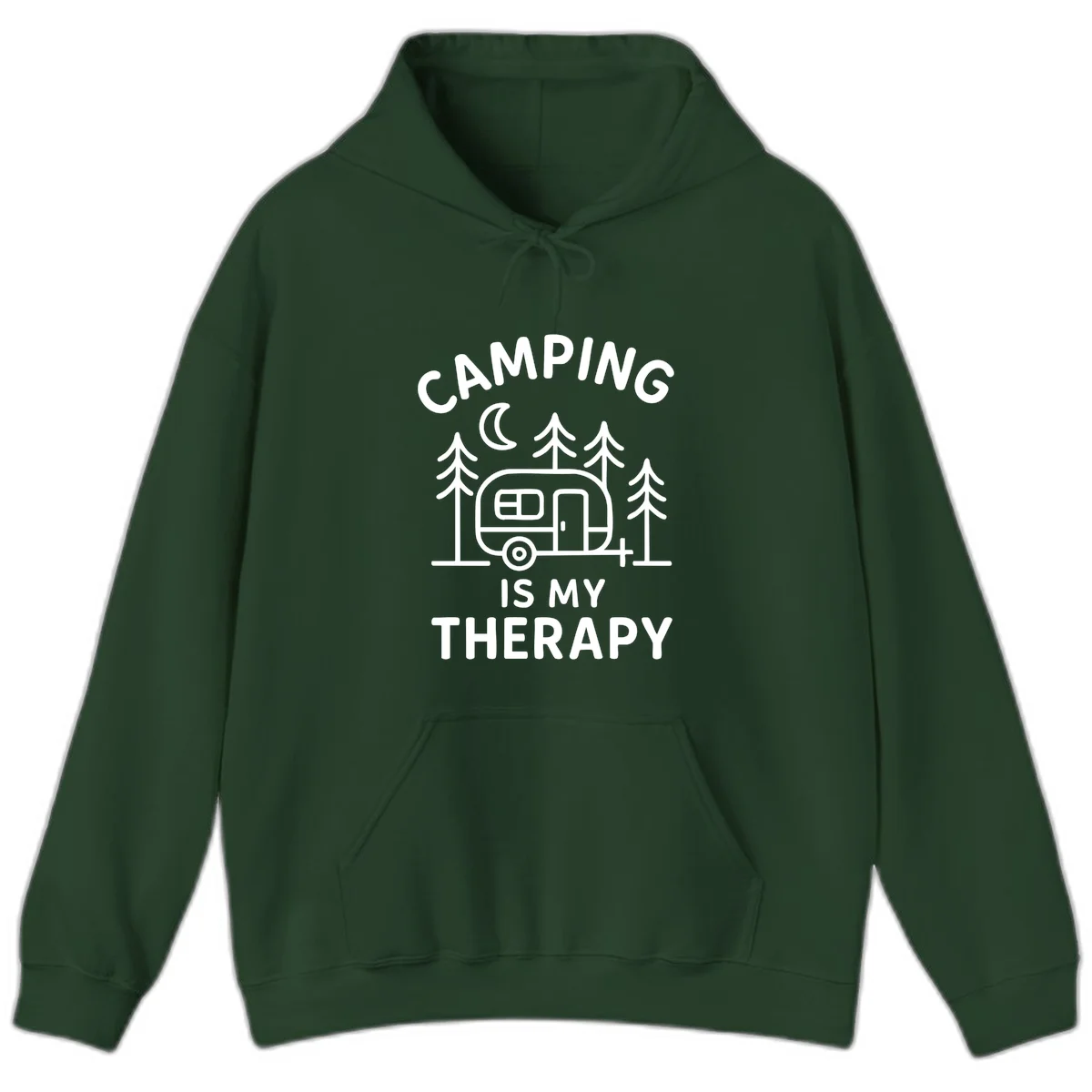 Camping therapy design with travel trailer, pine trees, and moon under text reading 'Camping Is My Therapy' in Forest Green
