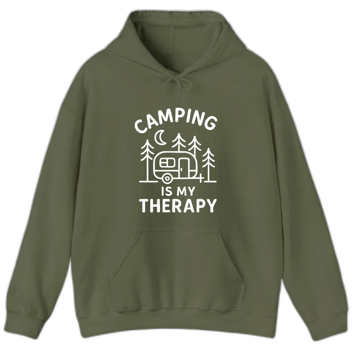 Camping therapy design with travel trailer, pine trees, and moon under text reading 'Camping Is My Therapy' in Military Green